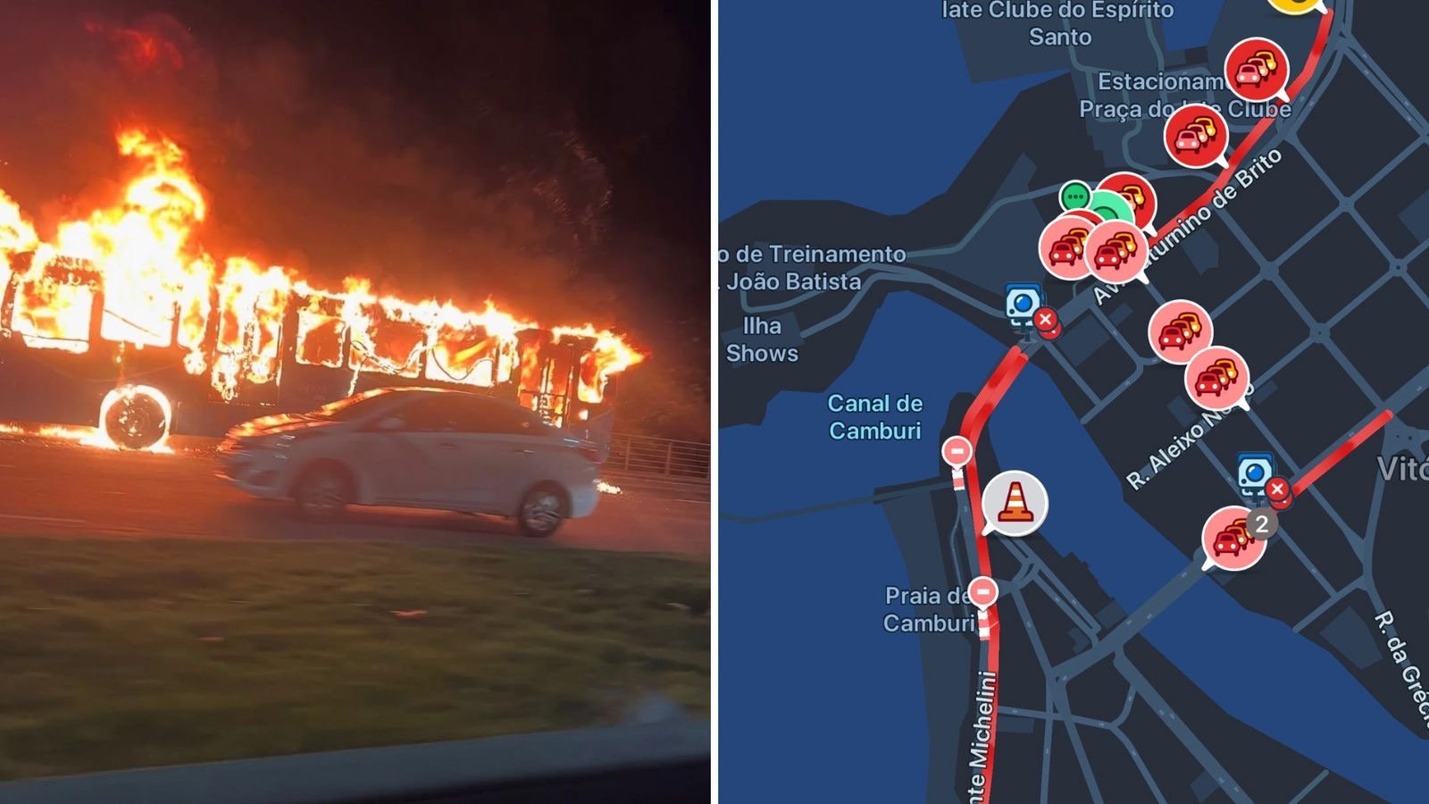 Ônibus pegando fogo causa transtornos na Ponte de Camburi, em Vitória