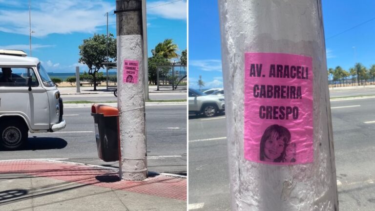 Cartazes por Araceli aparecem em Camburi e cobram mudança do nome da avenida