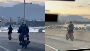 Jovem é flagrado de bike elétrica na faixa de ônibus e motos da Terceira Ponte